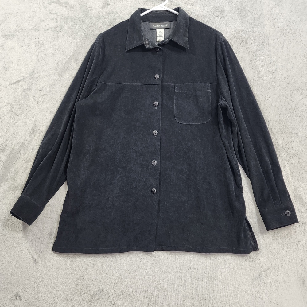 VTG Sag Harbor Shirt Womens 16 Black Microfiber Faux Suede Long Sleeve Shacket